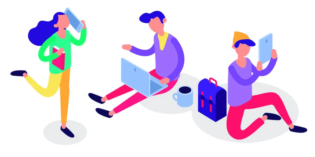 Ilustración de tres personas usando un móvil, un portátil y una tableta
