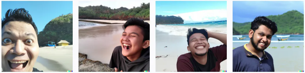 Collage de cuatro fotos de amigos riendo en la playa