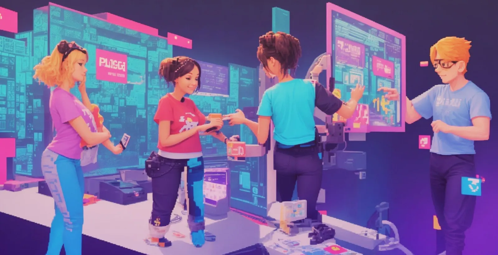 Niños jugando a videojuegos en una sala iluminada con luces de neón