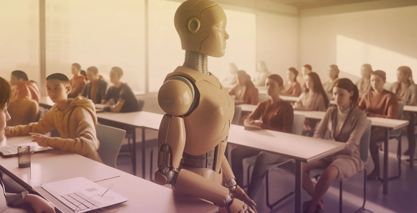 Robot humanoide con alumnado en un aula