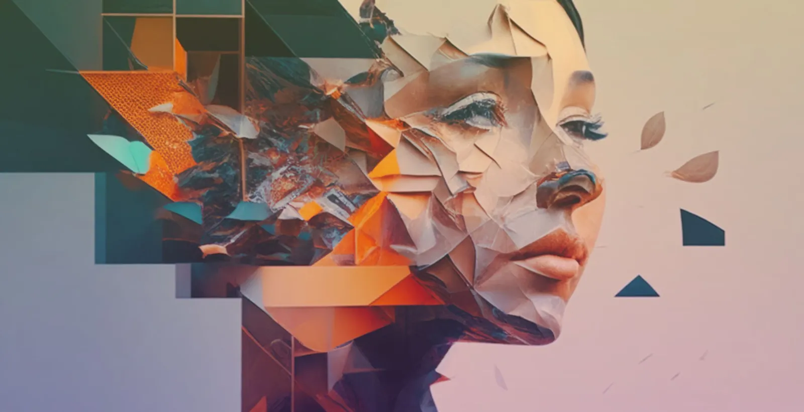 Retrato digital de un rostro formado por fragmentos geométricos de colores