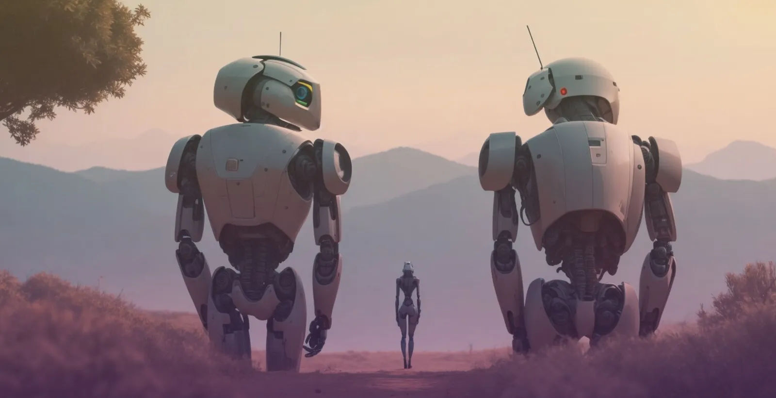 Dos robots humanoides caminando por el campo, vistos de espaldas