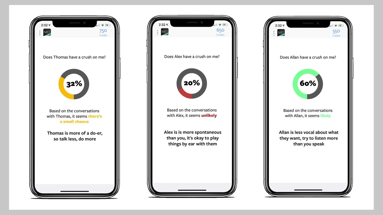 Tres pantallas de móvil con los mensajes de la app de citas MEI