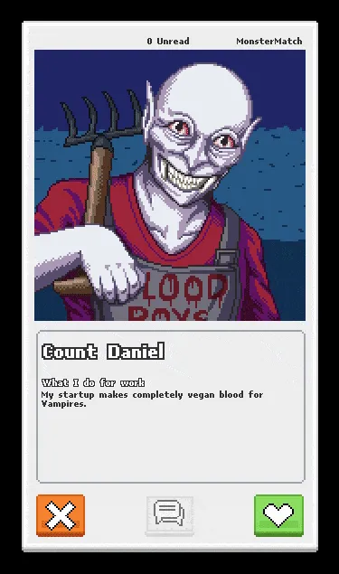 Ficha del personaje Count Daniel en la app de citas Monster Match