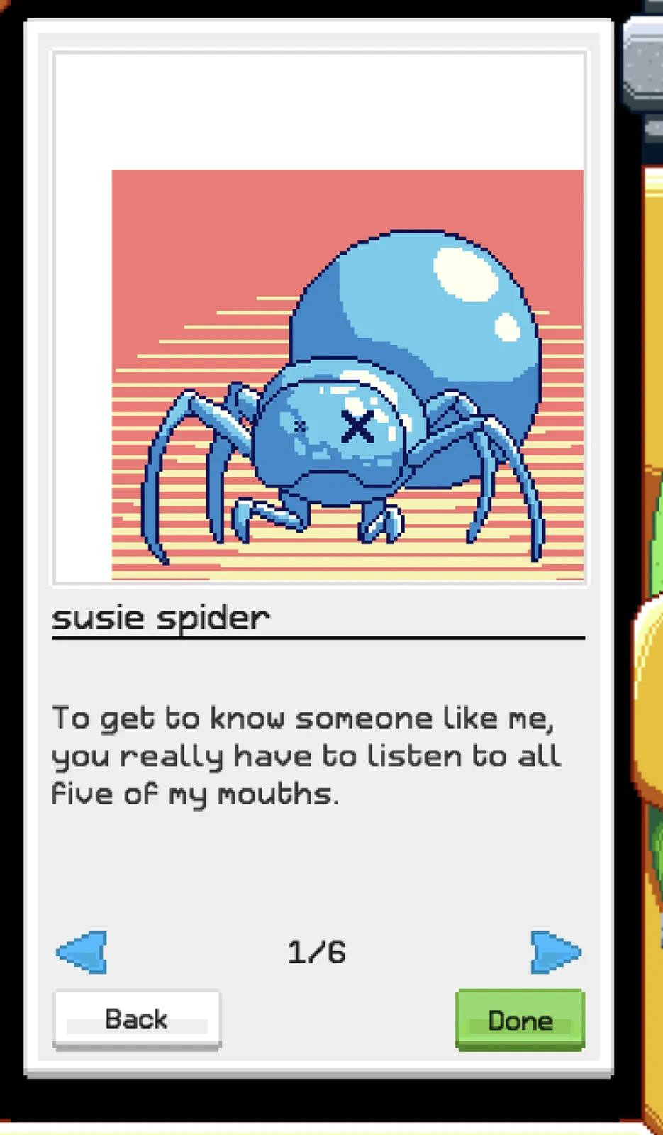 Ficha de la araña Suicide Spider en la app de citas Monster Match
