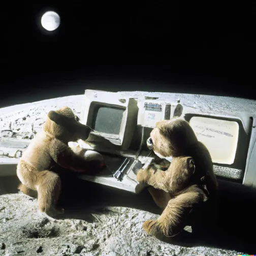 DALL-E 2 Teddy bears working on new AI research on the moon in the 1980s