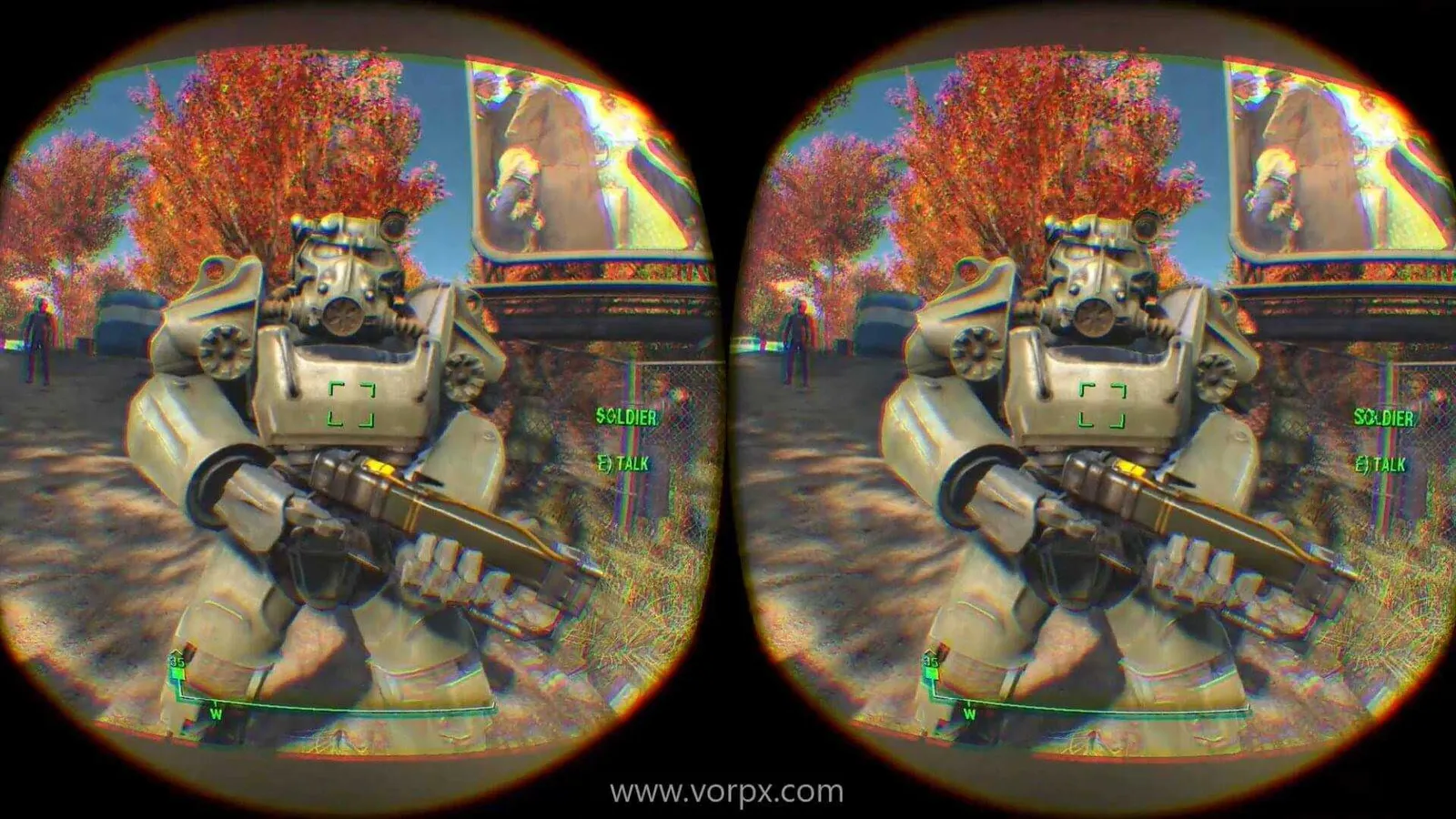 Vista estereoscópica de un soldado en un videojuego de realidad virtual