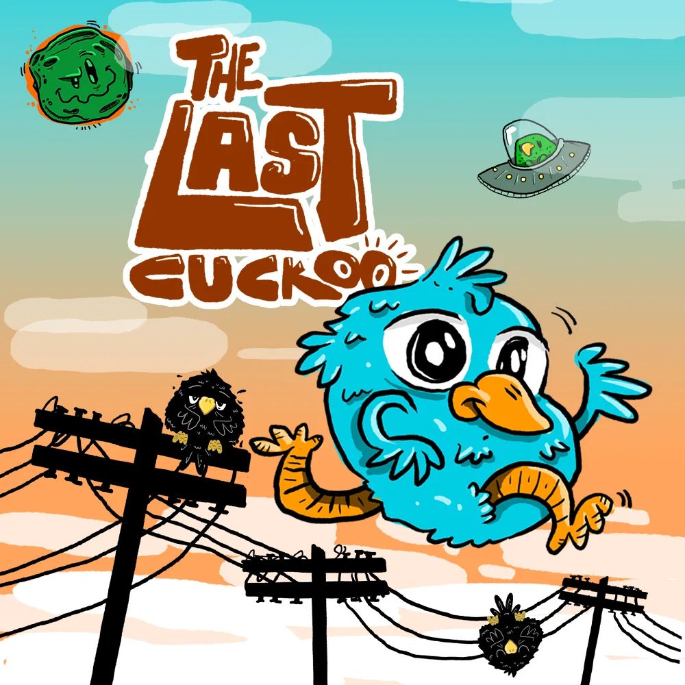 Ilustración del juego The Last Cuckoo con su pájaro protagonista y un ovni