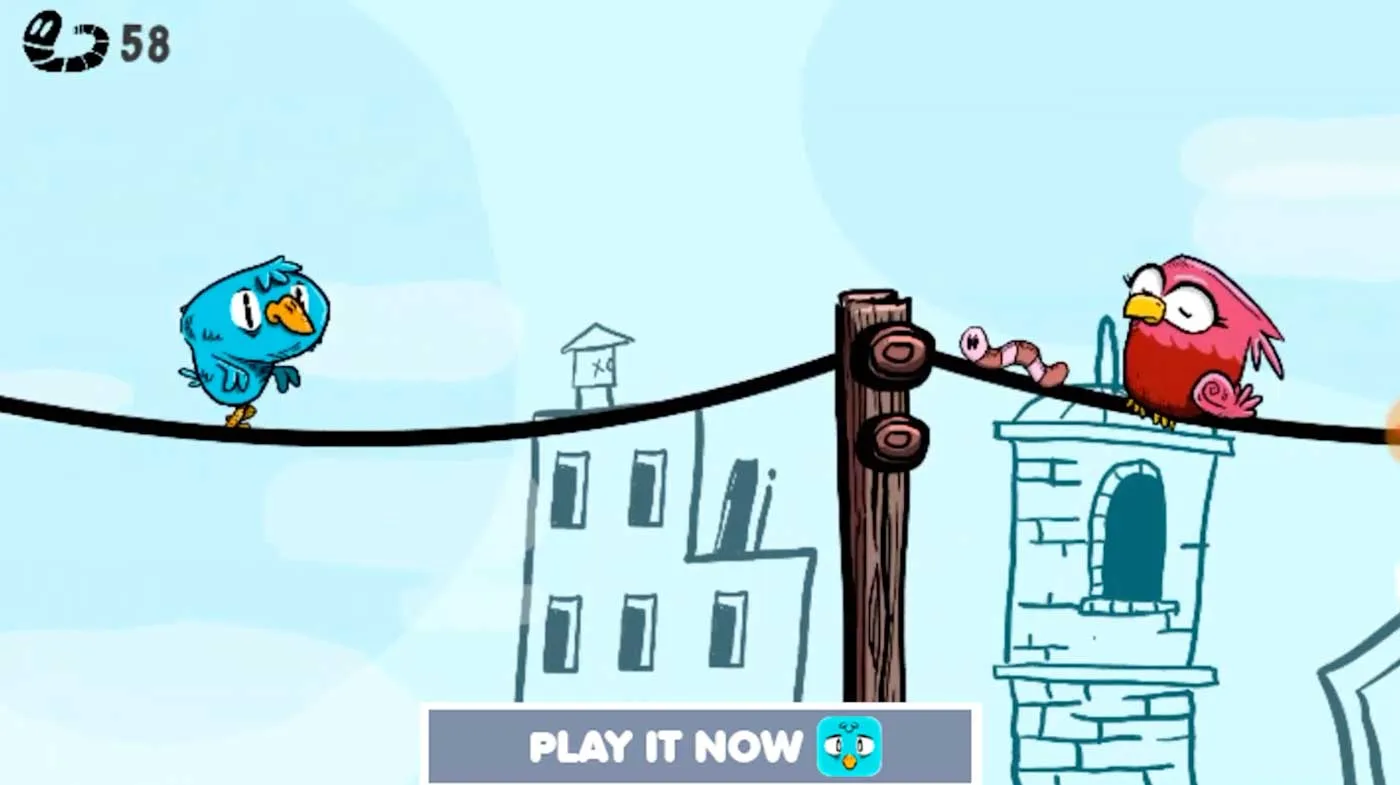 Pantalla de juego de The Last Cuckoo con la puntuación 58 y el botón PLAY IT NOW
