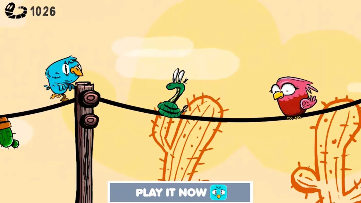 Pantalla de juego de The Last Cuckoo con la puntuación 1026 y el botón PLAY IT NOW
